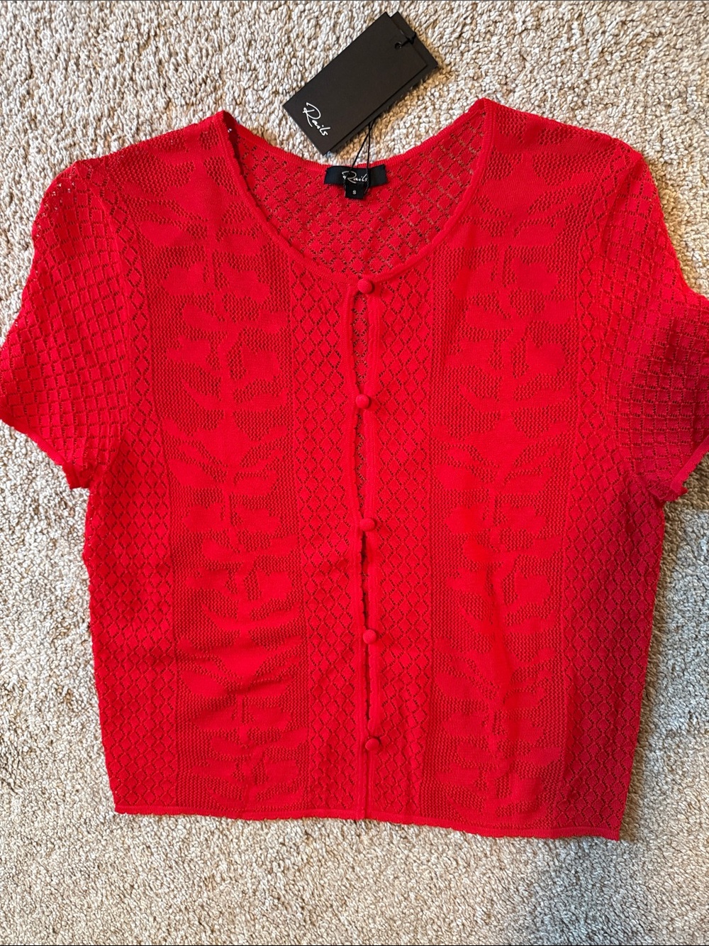 Rails Red Short-Sleeve Openwork Knit Cardigan